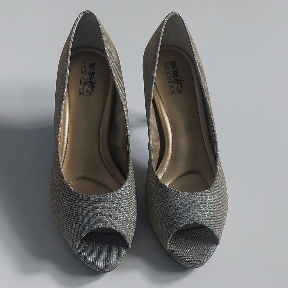 Coach and Four Silver Peep-Toe Heels Womens Size‎ 10